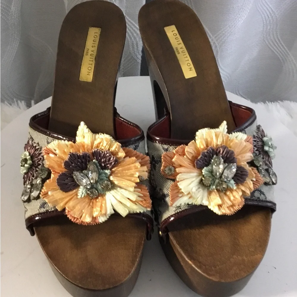 Louis Vuitton Monogram Brown and Cream Floral Platform Mules
